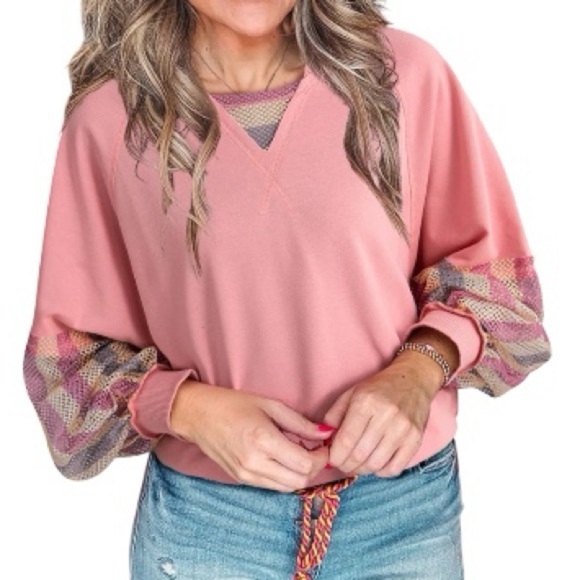 NWT Women’s Striped Mesh Sleeve Patchwork Exposed Seam Top Sweatshirt Medium - Picture 3 of 8